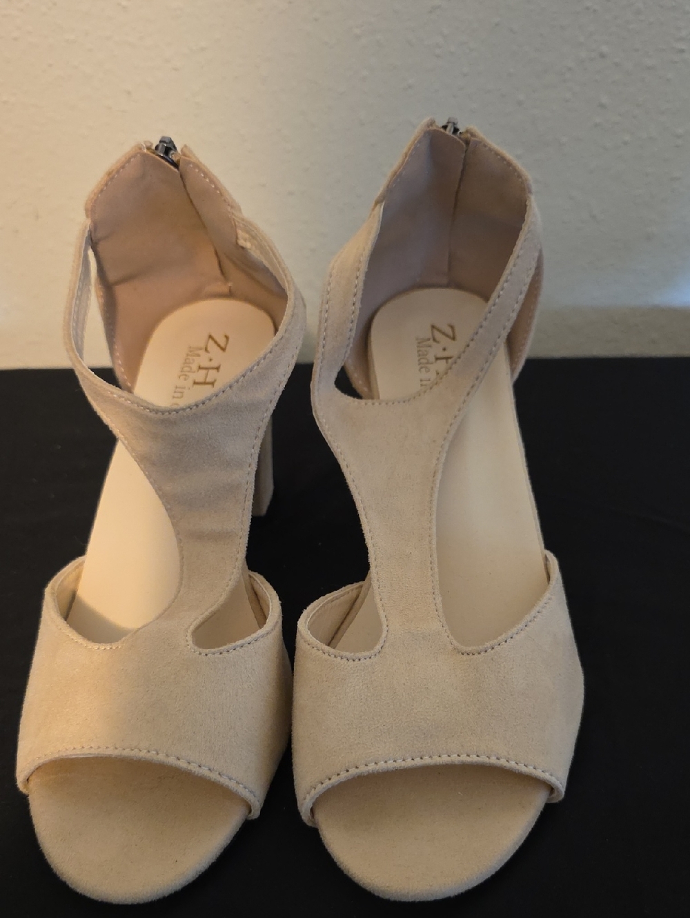 Nude Suede T-Strap Block Heel Sandals - Picture 11 of 13
